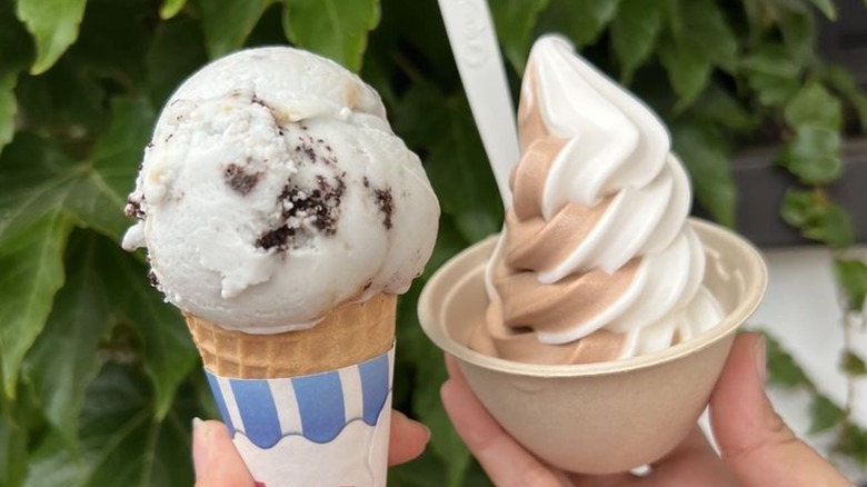 One hand holding Cookie Monster ice cream in cone and one hand holding soft serve twist in cup