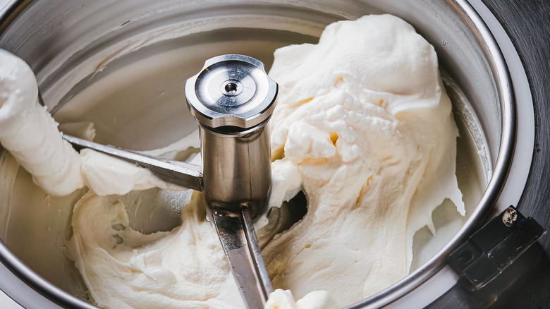 Overhead view of ice cream in an ice cream maker