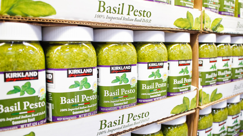 Shelf stocked with Kirkland basil pesto