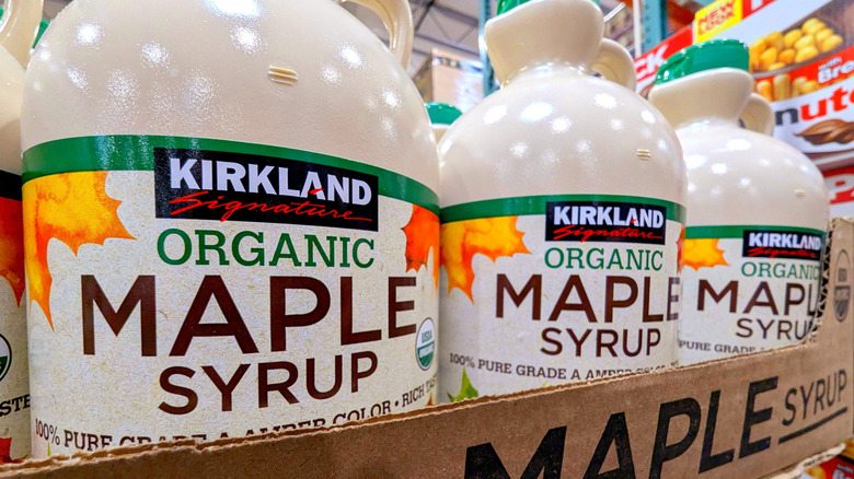 Close up of Kirkland maple syrup