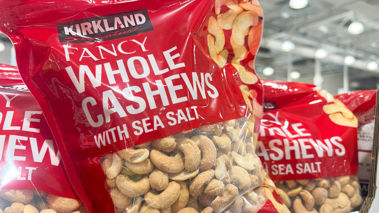Kirkland whole fancy cashews in red bag at Costco