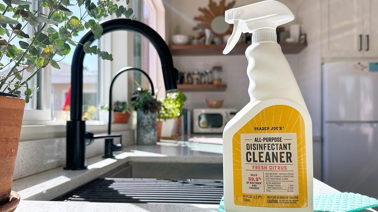 Trader Joe's All Purpose Disinfectant Cleaner on a counter beside a kitchen sink.