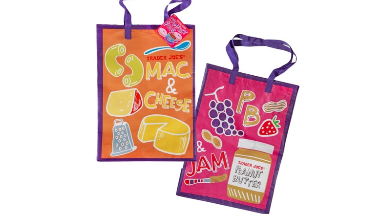 The Trader Joe's Comfort Food Reusable bags shown in Mac and Cheese and PB and J styles