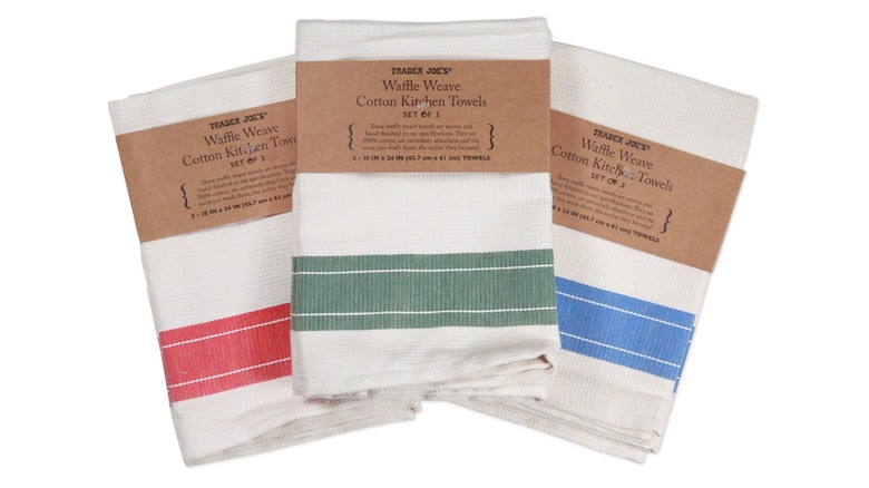 Stock image of Trader Joe's Waffle Weave Cotton Kitchen Towels in different colors