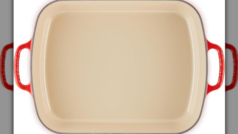 Rectangular roasting pan on white surface