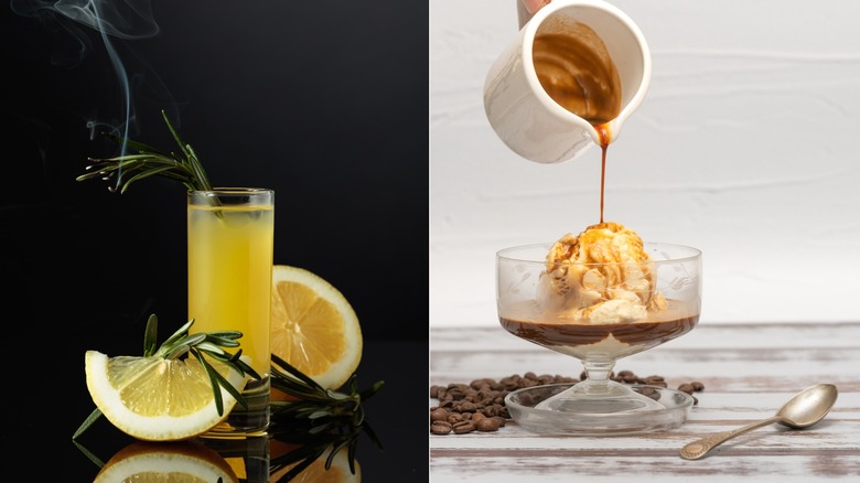 Split image of shot glass of limoncello with rosemary spring and glass of vanilla ice cream with espresso being poured overtop. Coffee beans and spoon on the counter.