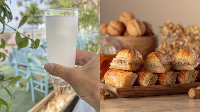 Split image of cloudy shotglass of ouzo in male hand with the ocean in the background. Baklava with walnuts and honey on a beige background.