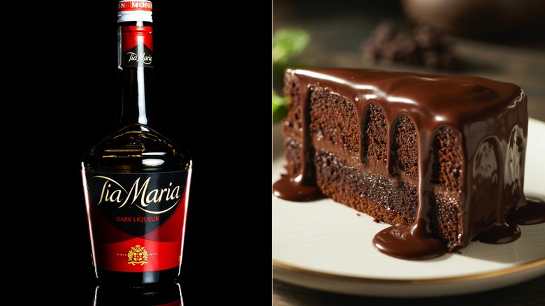 Split image of Tia Maria bottle against black background. A decadent slice of chocolate cake with rich, glossy ganache on a plate.