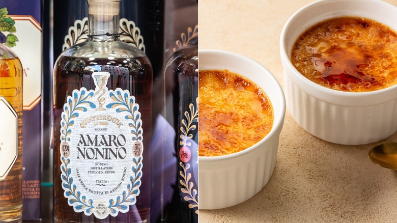 Split image of Amaro Nonino bottle on shelf. Aerial view of two creme brulees in souffle cups.
