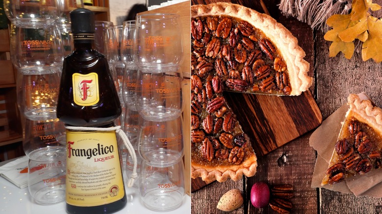 Split image of Frangelico bottle next to stacked glasses. Autumn pecan pie, overhead table scene with cut slice on a rustic wood background.