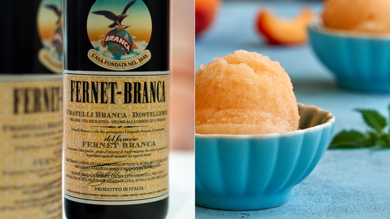 Split image of scoop of orange sorbet and mint sprig in blue bowl with others in background. Two bottles of Fernet, close up.