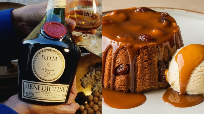 Split image of close-up Benedictine bottle in hand with snifter. Moist sponge cake made with dates and rich toffee sauce.