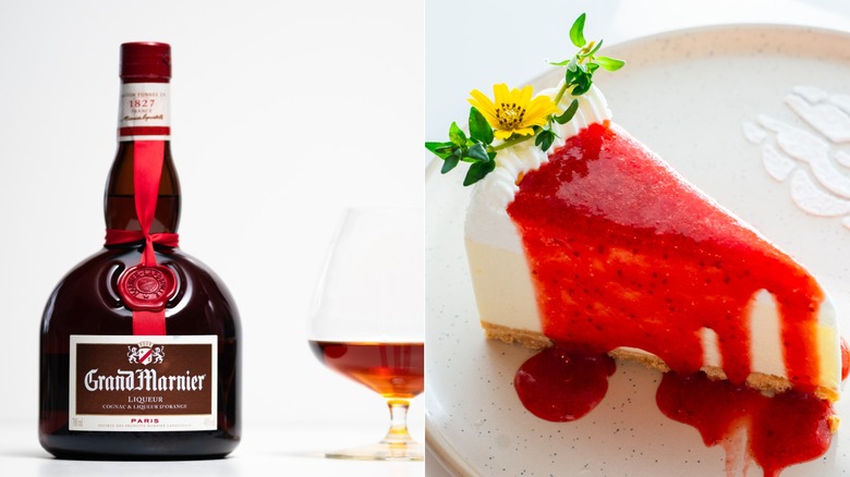 Split image of Grand Marnier bottle and snifter. Slice of cheesecake with strawberry sauce.