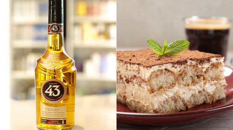 Split image of Licor 43 bottle. Close-up of a slice of tiramisu with cocoa and coffee in background.