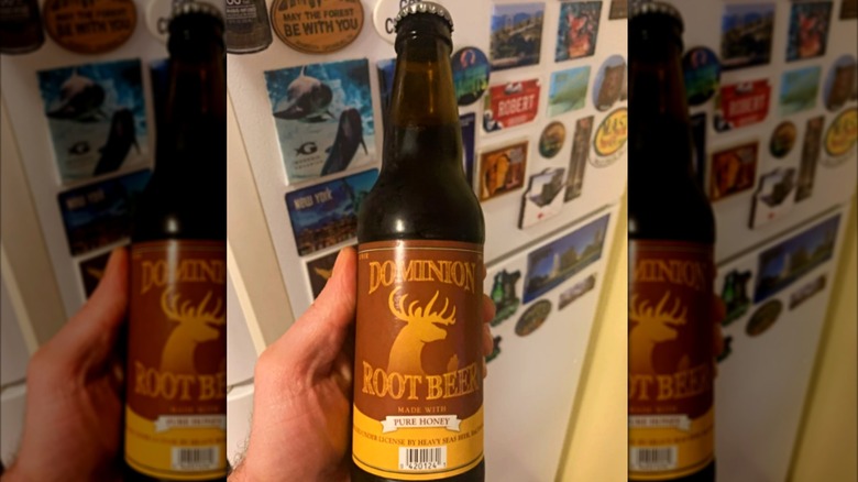 Hand holding a bottle of Dominion Root Beer