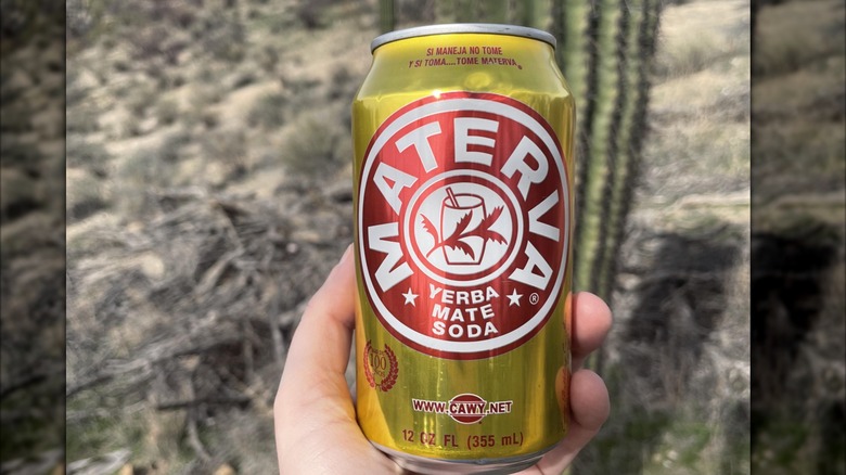 Hand holding a can of Materva