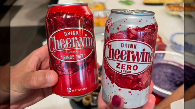 Two hands holding cans of Cheerwine original and Zero