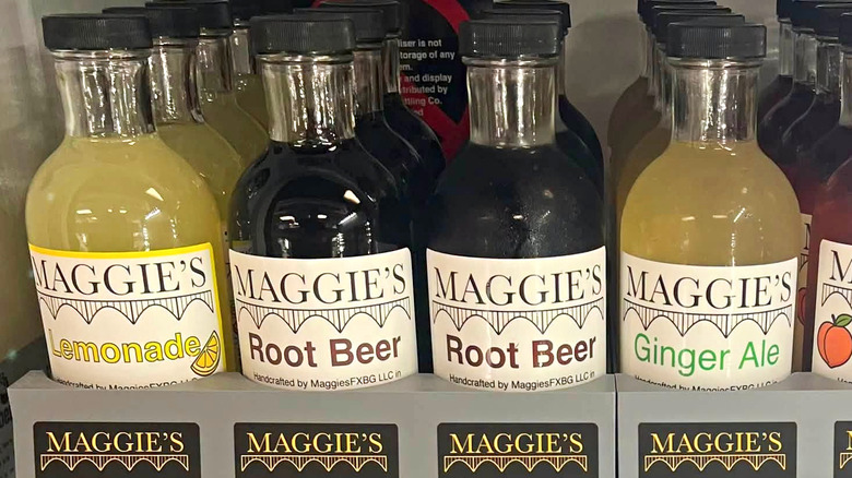 Maggie's Craft Sodas in fridge: lemonade, root beer, and ginger ale