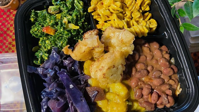 Aerial shot of soul food platter from Baba's Vegan Cafe