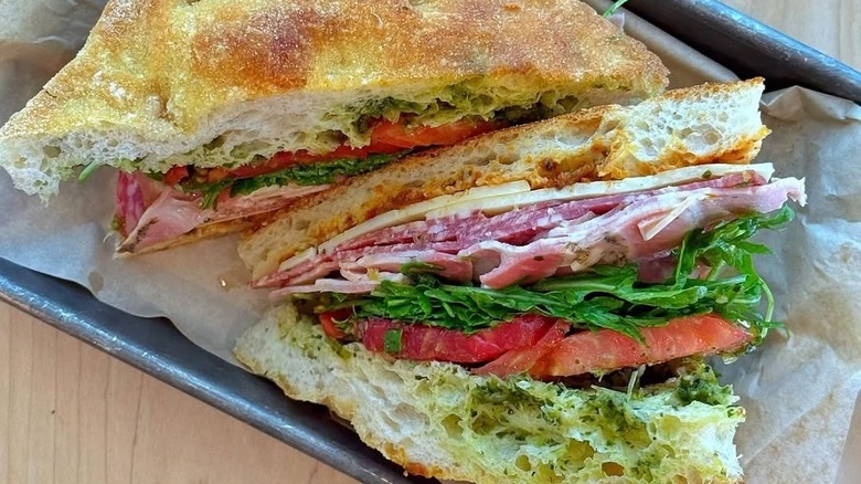 Aerial shot of deli sandwich from Offhand Wine Bar