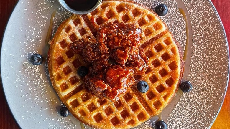 Aerial shot of chicken and waffles from Two Hommés