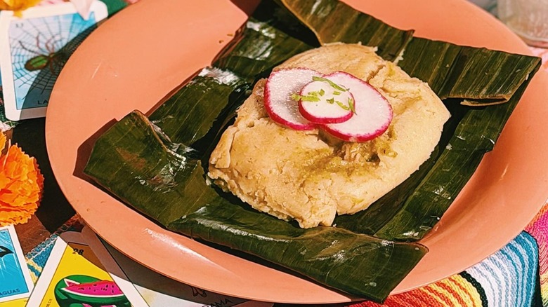 Oaxaca-style tamale on banana leaves at El Tesoro