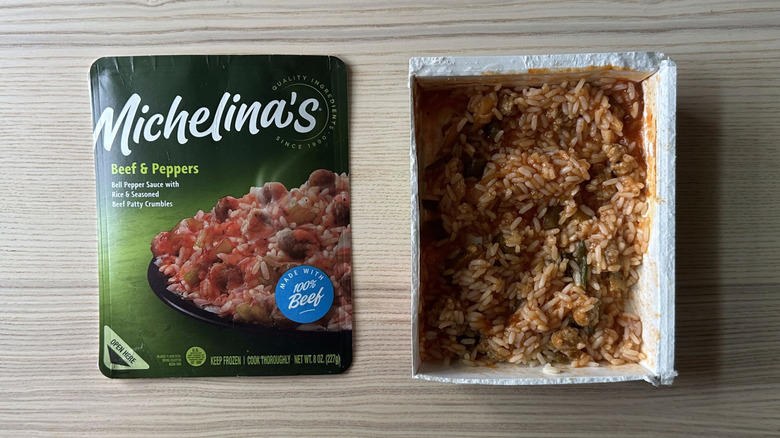 Michelina's beef and peppers in a box on wood