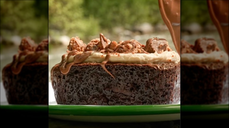Crumbl Reese's Peanut Butter Cup Brownie on green plate