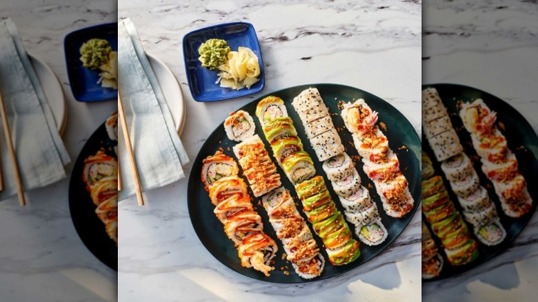 Sam's Club 44-piece sushi platter, featuring a dragon roll and shrimp tempura crunch roll