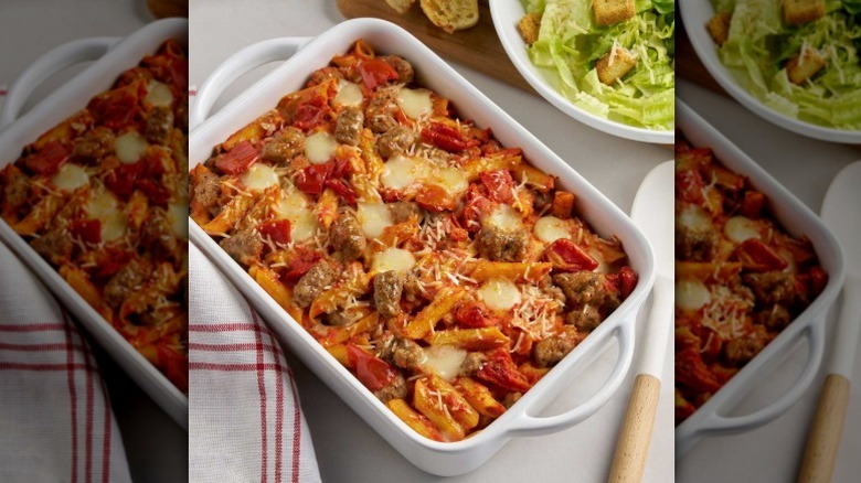 A baking dish of Sam's Club baked protein penne with Italian sausage and mozzarella cheese