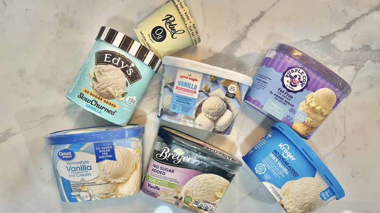 Containers of vanilla ice creams from different brands