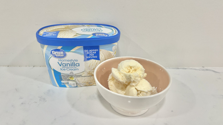 Great Value Homestyle Vanilla Ice Cream container and in a bowl