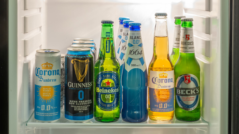 Selection of non-alcoholic beers in a fridge