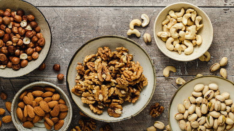 Bowls of different types of nuts