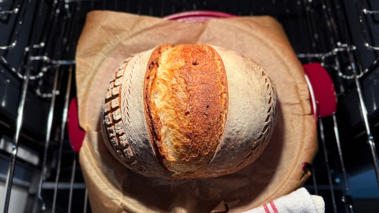 Sourdough loaf baking on a stone in the oven