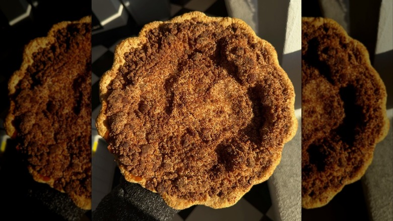 Top-down shot of hand holding whole pie with crumble topping