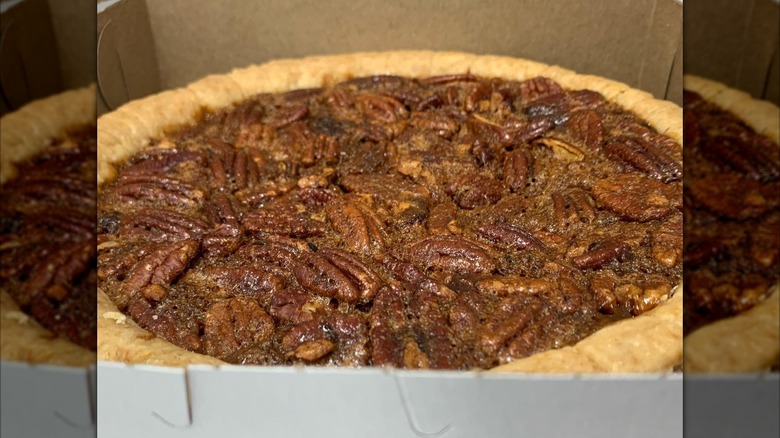 Close-up of pecan pie in box