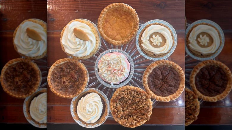 Eight pies in circle on wooden table
