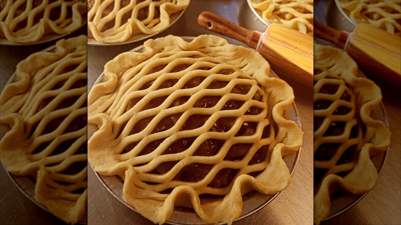 Close-up of domed pie with artful dough work on top