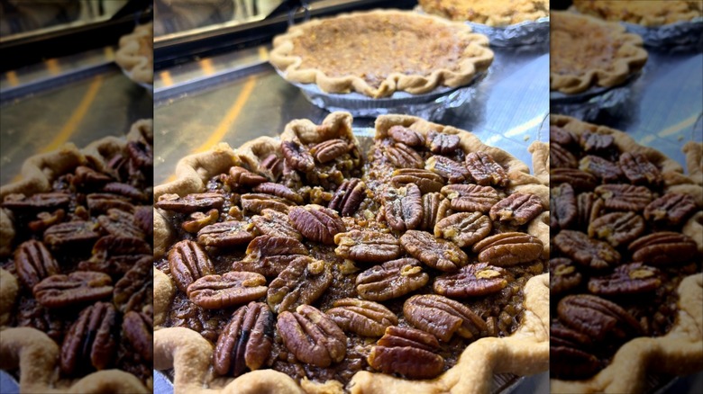 Close-up of pecan pie on counter with blurred background