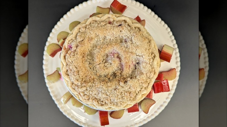 Top-down shot of rhubarb crumble pie surrounded by rhubarb pieces on white plate