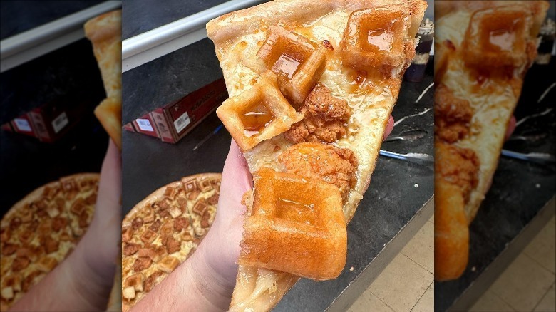 chicken waffle syrup pizza slice