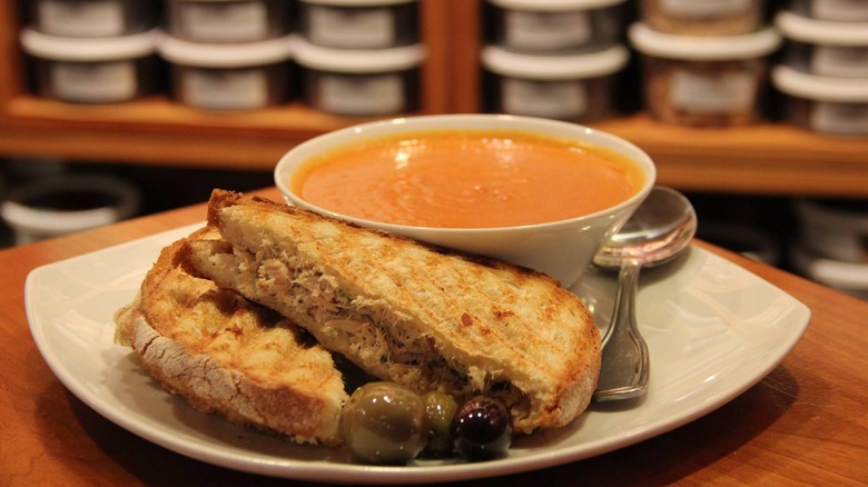 Panini and soup on a white plate at Pike Place Market in Seattle