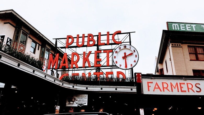 Pike Place Market neon sign in Seattle