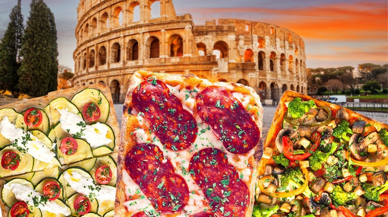 Pizza al taglio with Roman Colosseum