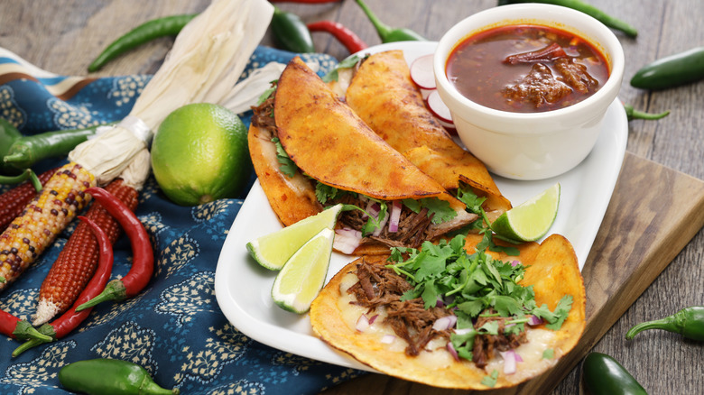 birria tacos with lime blue blanket