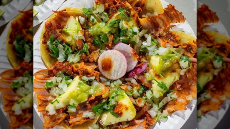 Leo's Taco Truck loaded tacos with radish