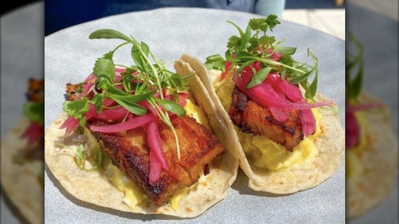 Macheen tacos pork belly with cilantro