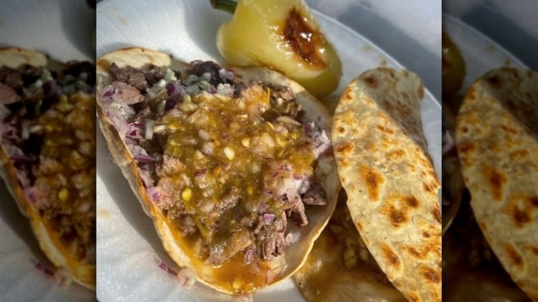 Tacos La Carreta beef tacos with salsa