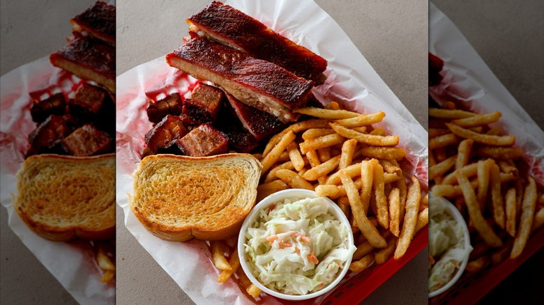 Basket of ribs, toast, fries, and cup of coleslaw served at Smokey D's BBQ